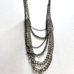 Long Silver Layered Chain Necklace. Multiple (6) Stacked Chains. Perfect quality
